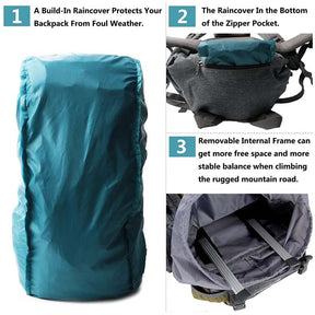 55L Backpack Internal Frame Hiking Water Resistant Travel Packs with Rain Cover-Green