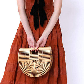 Retro Womens Bamboo Handbag Handmade Semicircle Tote Bag Wicker Basket Bag
