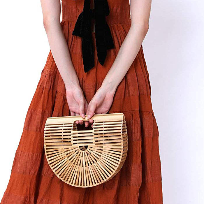 Retro Womens Bamboo Handbag Handmade Semicircle Tote Bag Wicker Basket Bag