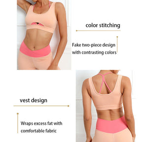 Womens Color Block Hip Lift Fitness Suit Sports Underwear and Yoga Trousers-Orange