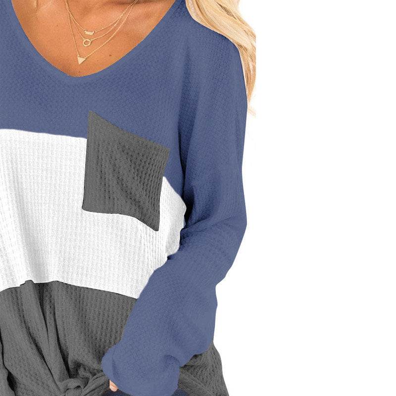 Womens Long Sleeve V-neck Autumn T-shirt Loose Top with Pockets-Blue