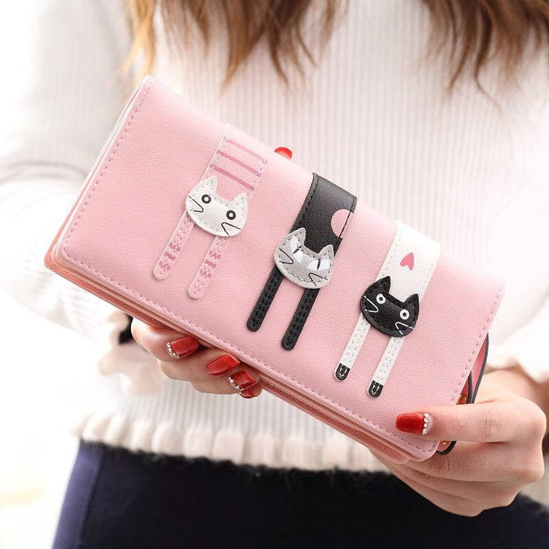 Womens Cute Cat Wallet Bifold Long Coin Purse with Zipper-Pink