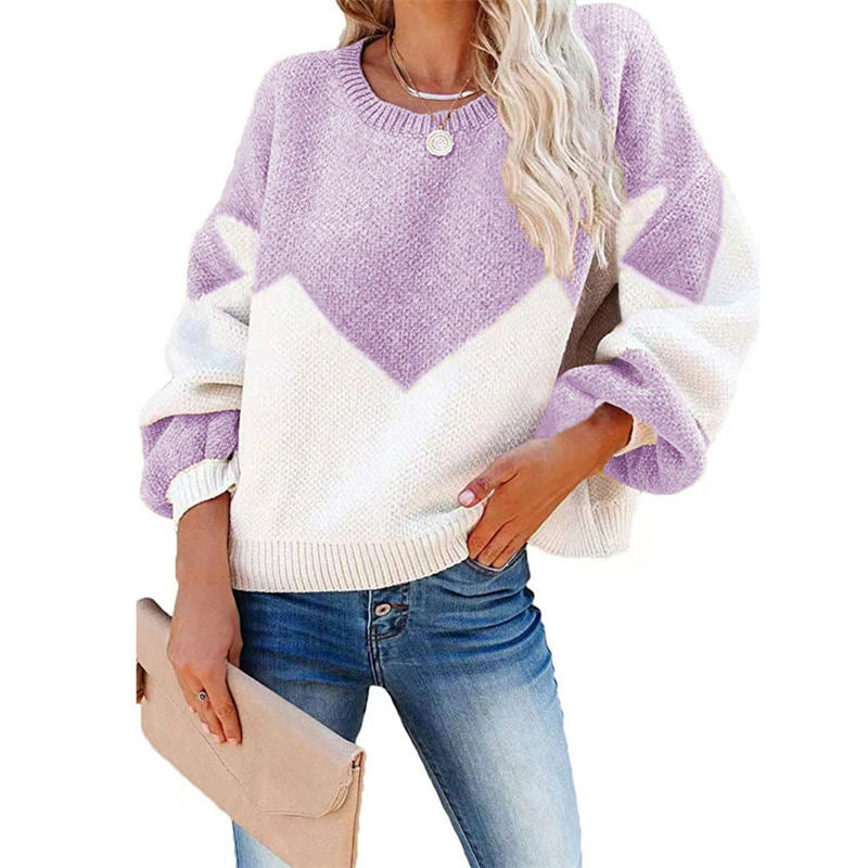 Womens Color Block Loose Knit Pullover Sweater Lantern Sleeve-Purple