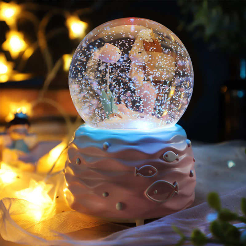 Mermaid Princess Snow Globes with Music LED Light Birthday Gift for Girls-Pink