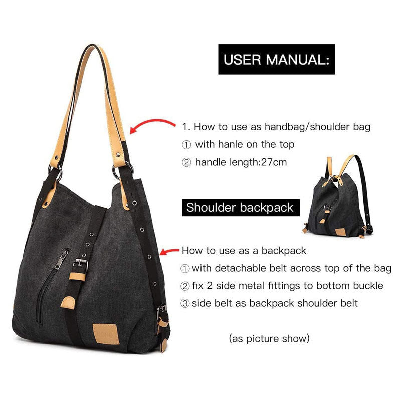Women Canvas Bag Casual Backpack Vintage Shoulder Bag-Black