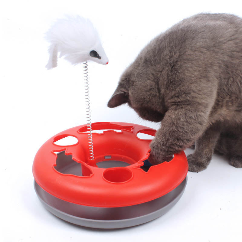 Interactive Cat Toy Scratching Spring Mouse Turntable with  Exercise Bell Balls-Red