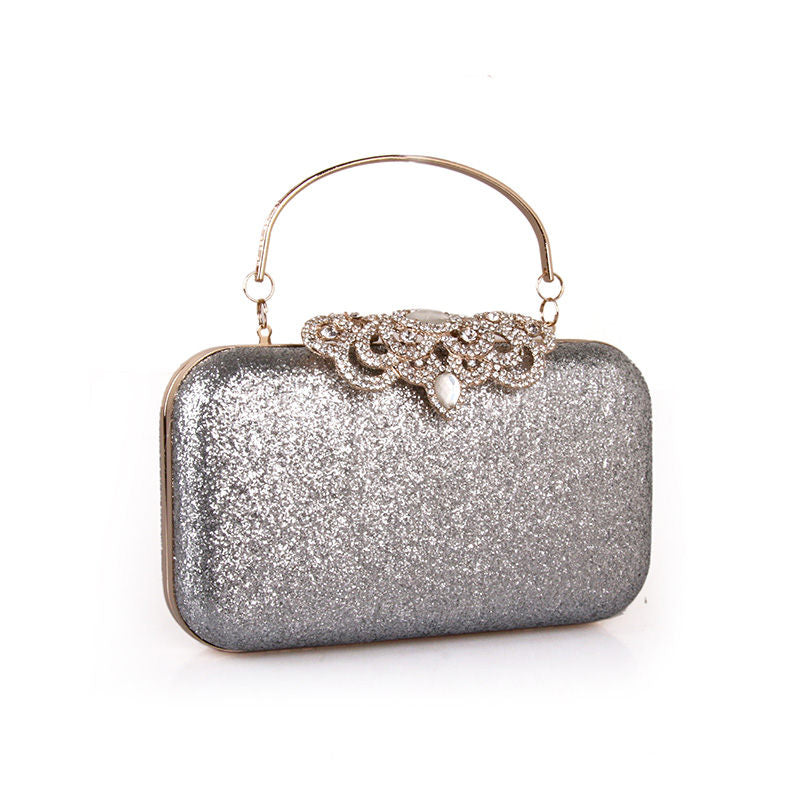 Ladies Rhinestones Clutch Crown Decoration Vintage Evening Bag-Silver