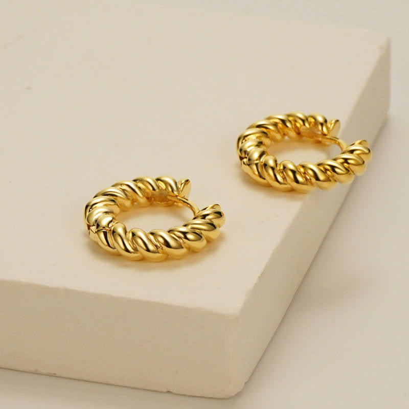 14K Gold Plated Twisted Mini Huggie Hoop Earrings for Women and Girl