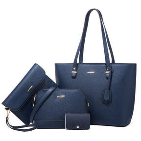 Women Retro Large Capacity Four-piece Sets Handbags Shoulder Bags Tote-Dark Blue