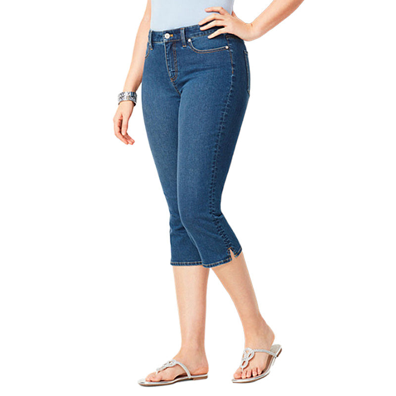 Womens Capri Jeans High Waisted Zipper Button Tight Fit Denim Pants-Navy Blue