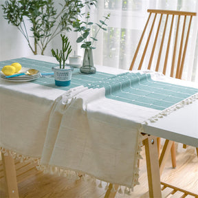 Embroidery Tassel Tablecloth Cotton Linen Dust-Proof Table Cover for Party Home Tabletop Decoration-Green