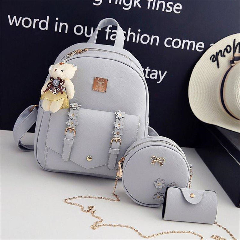 Mini Leather Backpack Purse 3-Pieces Fashion Flower Zipper Daypacks for Girls and Women-Grey