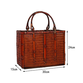 Retro Womens Bamboo Handbag Handmade Large Tote Bag Wicker Storage Basket Bag-Three Bars