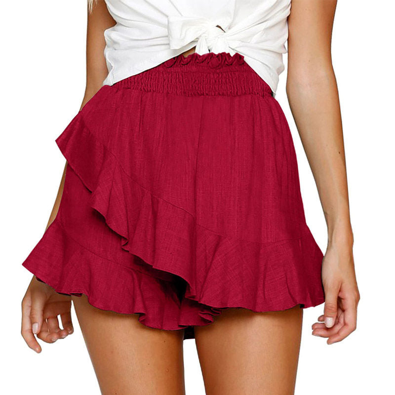 Womens Solid Color Ruffle Hem Flowy High Waist Summer Shorts Skirt-Red