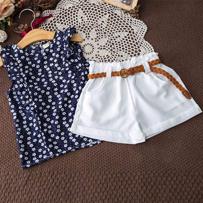2 Pcs Floral Set Toddler Girls Outfits Clothes Vest Tops and Shorts