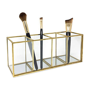 4-Compartment Organizer Vintage Brass and Glass Storage Makeup Brush Holder