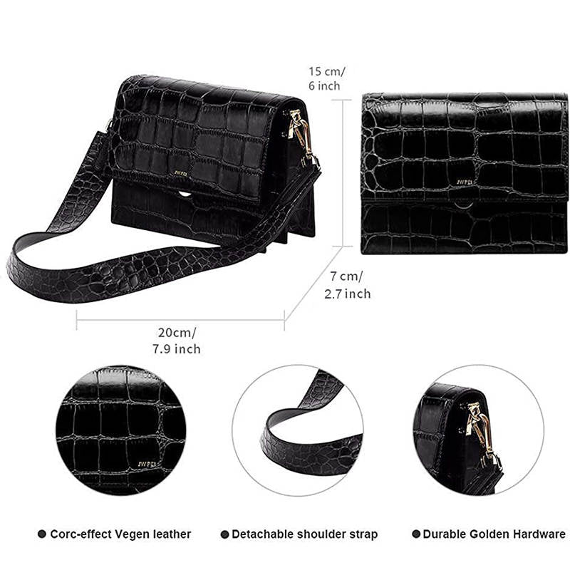 Women Leather Retro Shoulder Bag Crocodile Mini Flap Crossbody Bag-Black