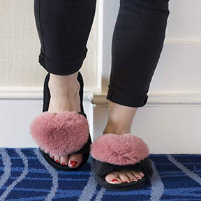 Womens Fuzzy Slippers Open Toe Cozy Memory Foam Sandals-Love Rose