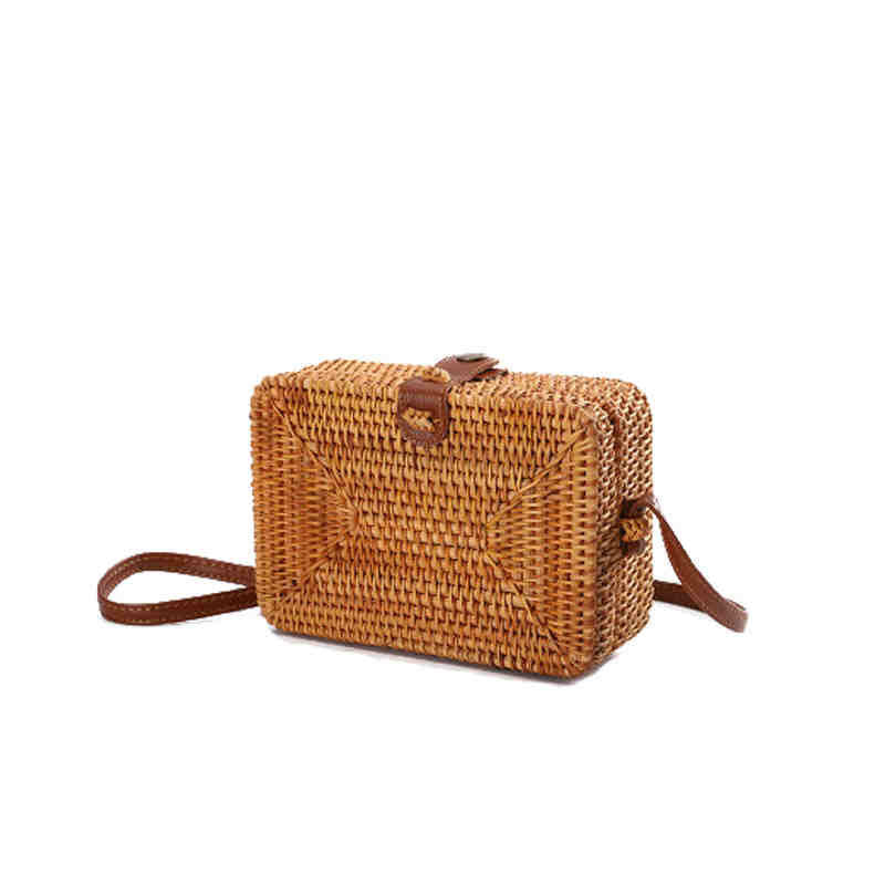 Womens Square Crossbady Rattan Bag Boho Braided Handbag