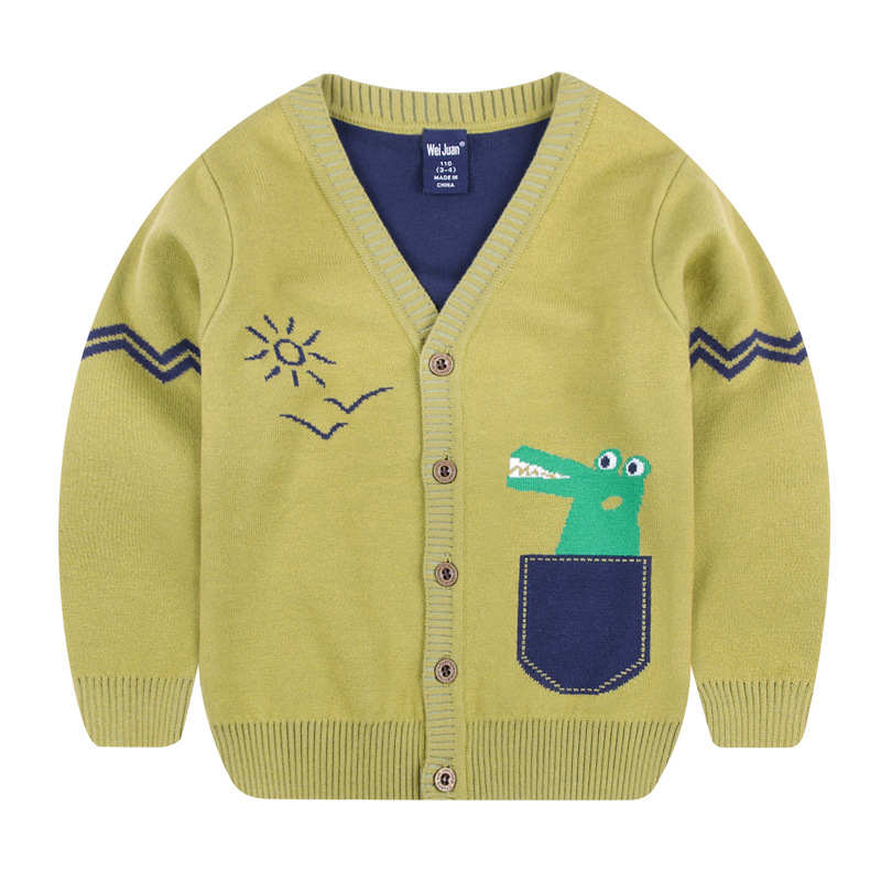 Toddler Boys Long Sleeve Knitted Sweatshirts Cartoon Dinosaur V-Neck Cardigan Sweaters-TeaGreen