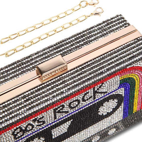 Women Retro Radio Shape Crossbody Bag Rhinestone Metal Vintage Clutch Purses-Black