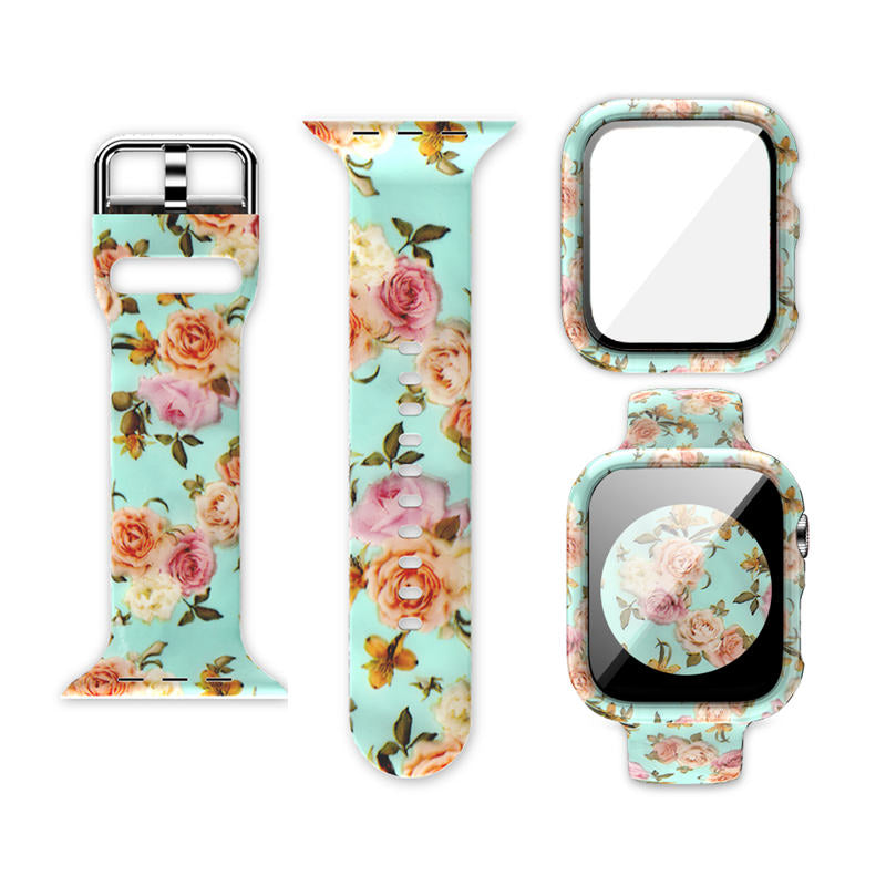 Silicone Printed Watch Band with Screen Protector Case for iWatch Series SE/6/5/4/3/2/1-YellowRose