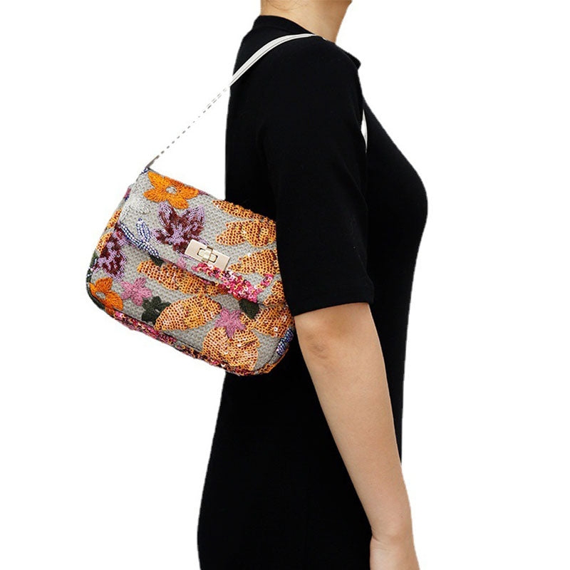 Womens Premium Shoulder Bag Embroidery Sequin Craft Purse-XXF-Orange