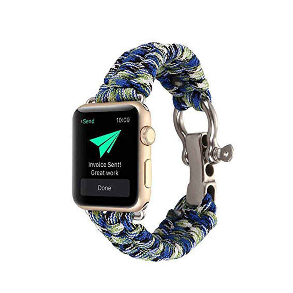 Nylon Rope Watch Band With Adjustable Size Outdoor Survival Stainless Steel Shackle For Apple Watch SE/6/5/4/3/2/1(Camo Blue)