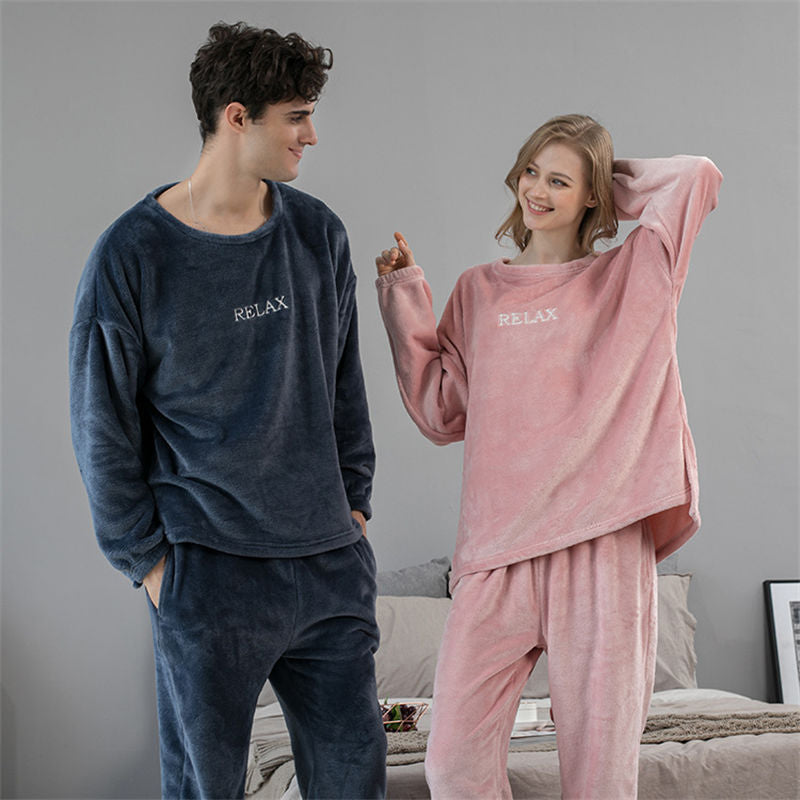 Crew Neck Flannel Pajamas Set for Women-Light Pink