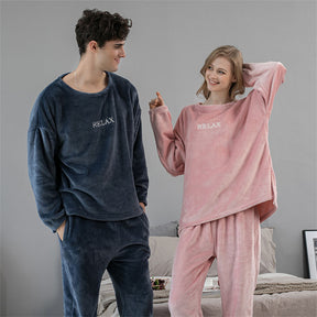 Crew Neck Flannel Pajamas Set for Women-Navy Blue