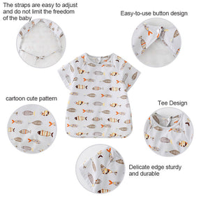 Toddler Short Sleeved Smock Cartoon Waterproof Apron for Feeding Painting-GreyFish