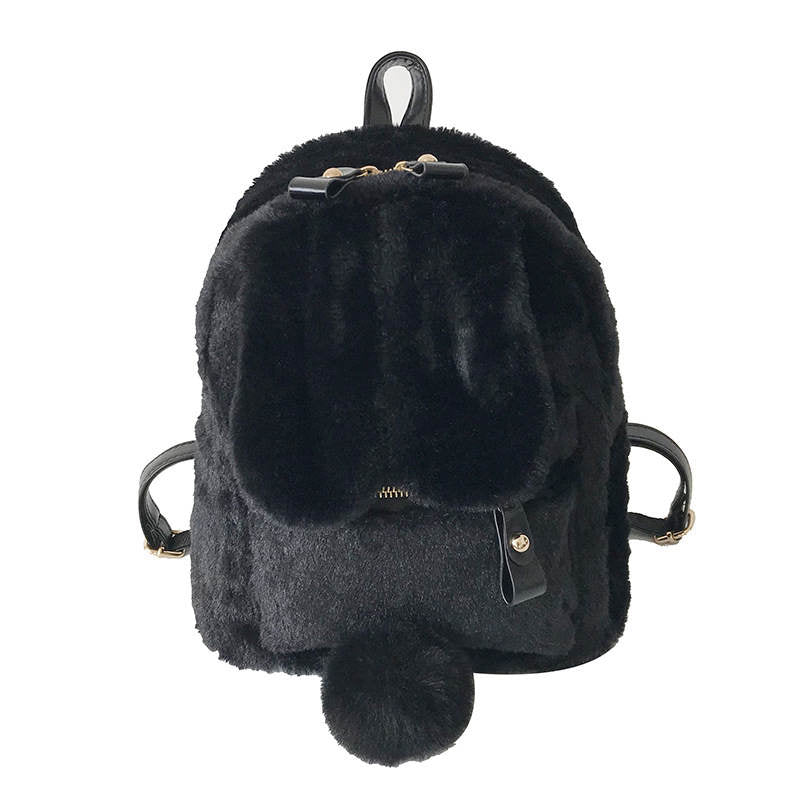 Women Cute Rabbit Ears Backpack Fluffy School Bag Satchel-Black