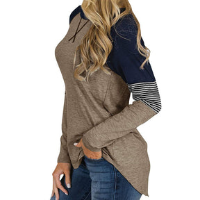 Womens Color Block Round Neck Tunic Top Casual Long Sleeve Shirt-Brown