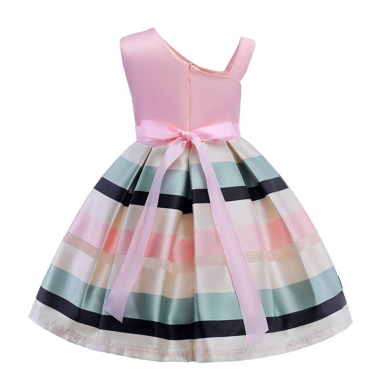 3-9T Girls Kids Single Shoulder Striped Floral Ruffles Flower Dress Ball Gown-Pink