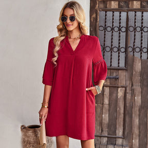 Womens Casual V Neck Dress 3/4 Sleeves Solid Color Loose Summer Dresses-Wine Red