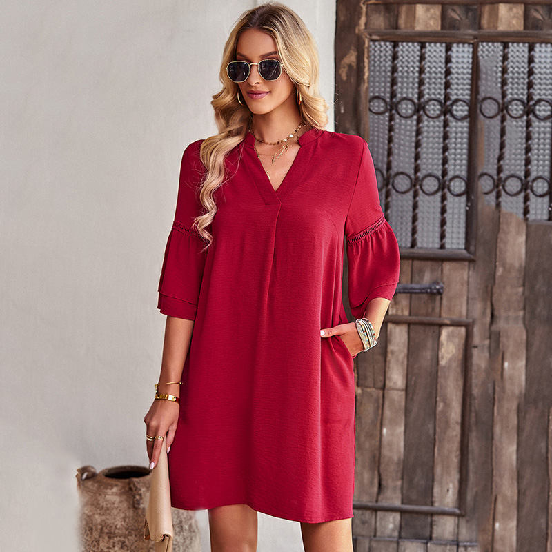 Womens Casual V Neck Dress 3/4 Sleeves Solid Color Loose Summer Dresses-Wine Red