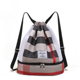 Womens Drawstring Bag Large Wet and Dry Separation Backpack-KhakiGrid