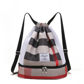 Womens Drawstring Bag Large Wet and Dry Separation Backpack-KhakiGrid