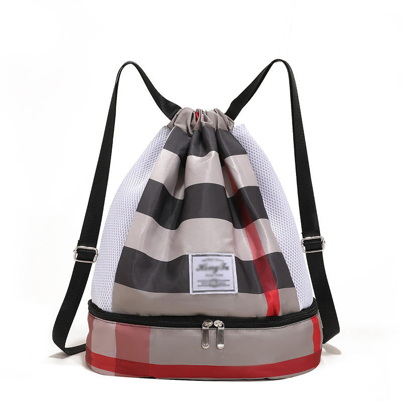 Womens Drawstring Bag Large Wet and Dry Separation Backpack-KhakiGrid