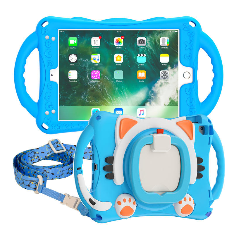 CatB Silicone Case For iPad Pro 9.7 inch Air1/2 Shockproof Shoulder Strap Handle Stand-Light Blue
