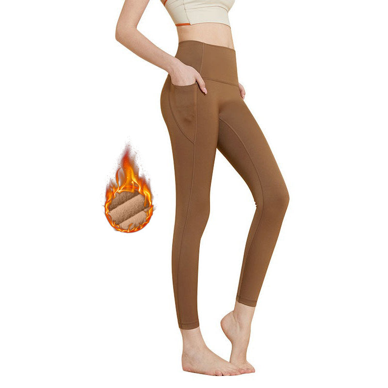 Womens Legging with Pockets High Waisted Fleece Lined Workout Pants-Coffee