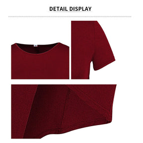Womens Dress Slit Knit Bodycon Short Sleeve Solid Color Midi Dress-Red
