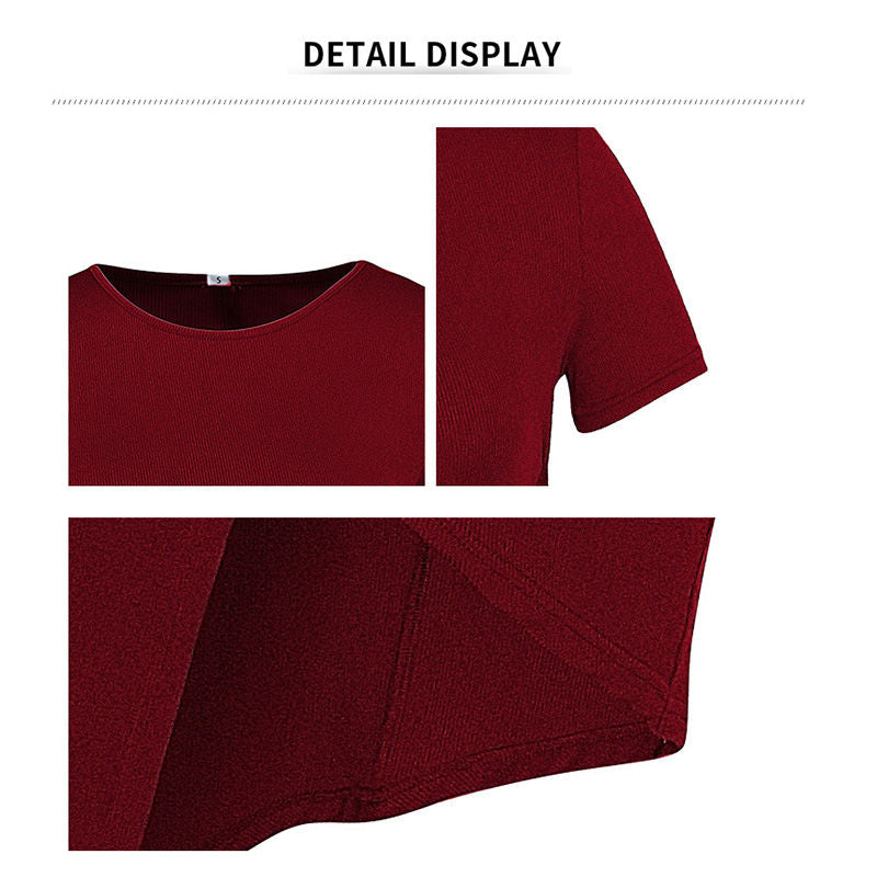 Womens Dress Slit Knit Bodycon Short Sleeve Solid Color Midi Dress-Red