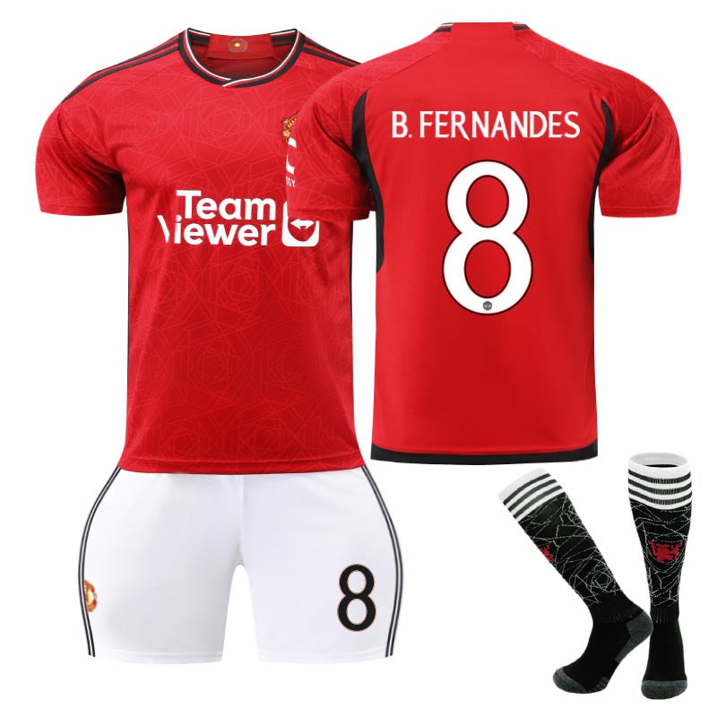 Red Devil Home Jersey B.FERNANDES #8 Soccer Jersey Kids Adult 3Pcs Jersey Kits