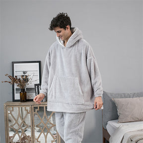 Hooded Pajama Top with Pocket for Unisex-Light Grey