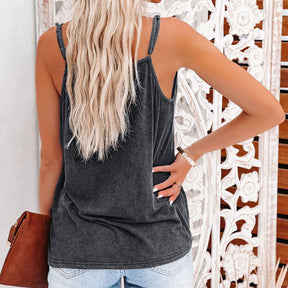 Casual Solid Color V-Neck Lace Trimmed Camisole Tank Top-DarkGray