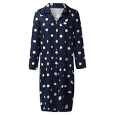 Ladies Polka Dot Long Sleeve Vertical Collar Shirt Dress-DarkBlue