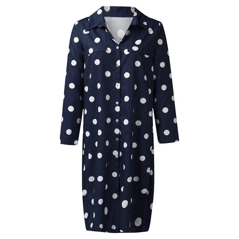 Ladies Polka Dot Long Sleeve Vertical Collar Shirt Dress-DarkBlue