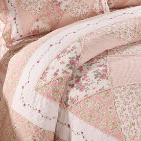 Pink Quilt Set Queen Size Floral Patchwork Quilted Bedspread for All Season
