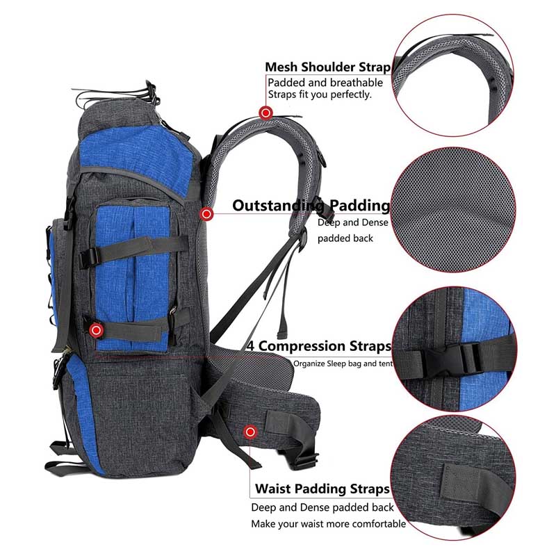 55L Backpack Internal Frame Hiking Water Resistant Travel Packs with Rain Cover-Blue